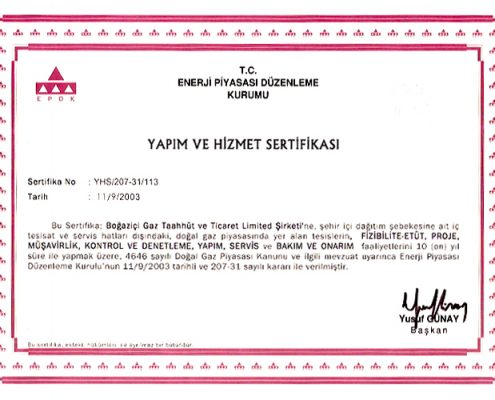 Enerji Piyasası Denetleme Kurumu-EPDK Belgesi-2017